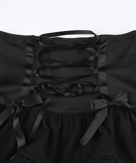 Edgy Chic: Black Low-Rise Lace-Up Mini Skirt | Gothic Bows & Lace Hem for Fall & Halloween
