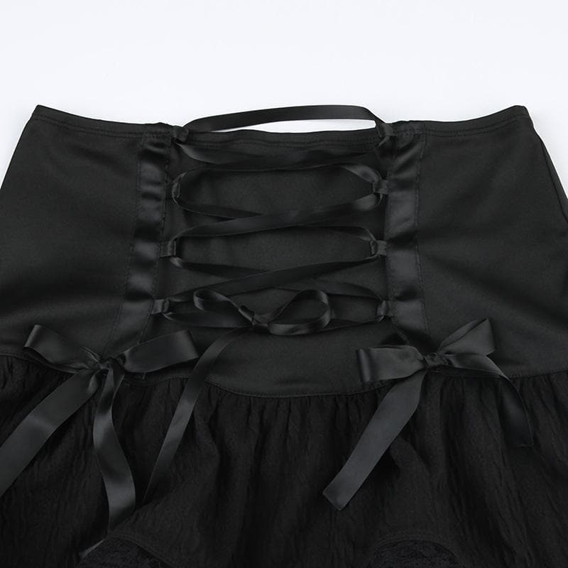 Edgy Chic: Black Low-Rise Lace-Up Mini Skirt | Gothic Bows & Lace Hem for Fall & Halloween