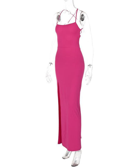 Glamorous Fuchsia Criss-Cross Back High Slit Maxi Dress - Holiday Party & Event Gown