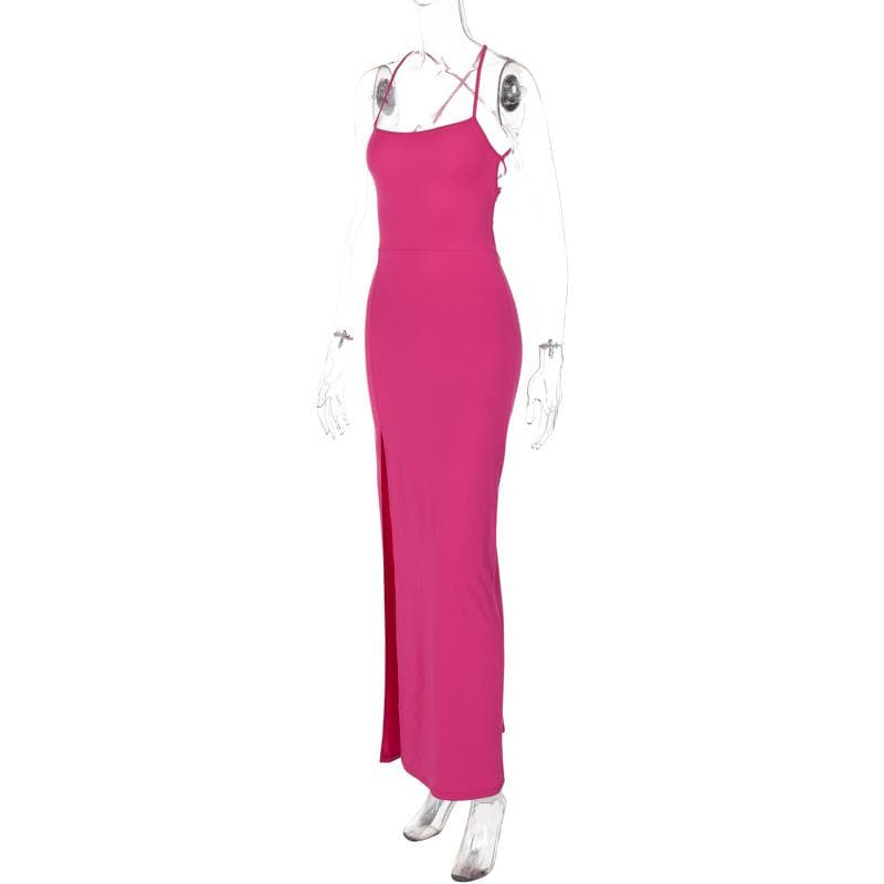 Glamorous Fuchsia Criss-Cross Back High Slit Maxi Dress - Holiday Party & Event Gown