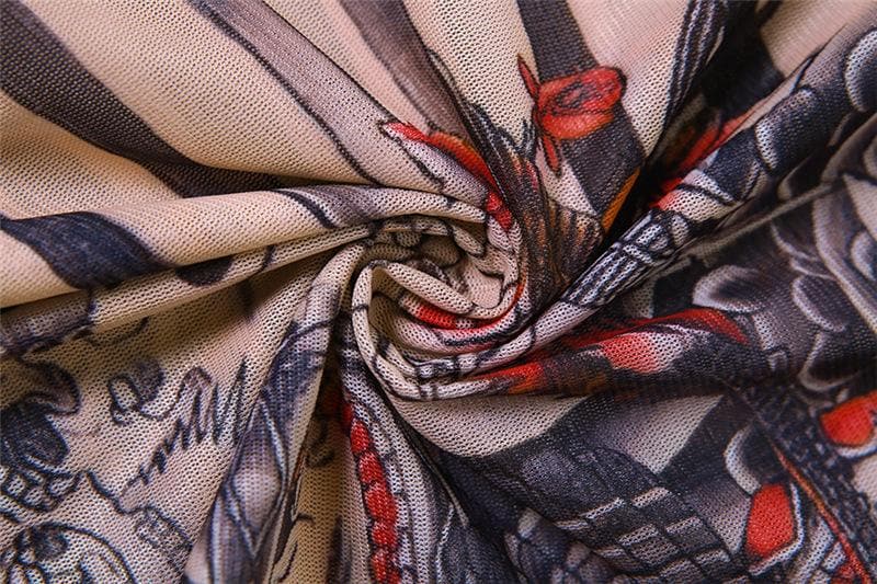 Unleash Your Inner Dragon: Y2K Tattoo Mesh Wrap Top & Flare Pants Set - Fall & Halloween Statement