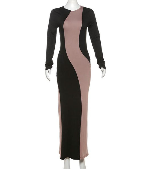 Elegant Two-Tone Wavy Maxi Dress - Figure-Flattering Long Sleeve for Fall & Holiday