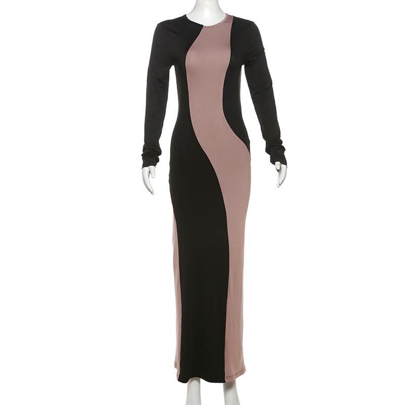 Elegant Two-Tone Wavy Maxi Dress - Figure-Flattering Long Sleeve for Fall & Holiday