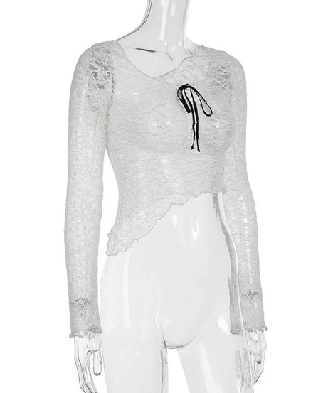 Romantic Lace Bow Front Asymmetrical Bell Sleeve Top - Fall's Must-Have Sheer Layer