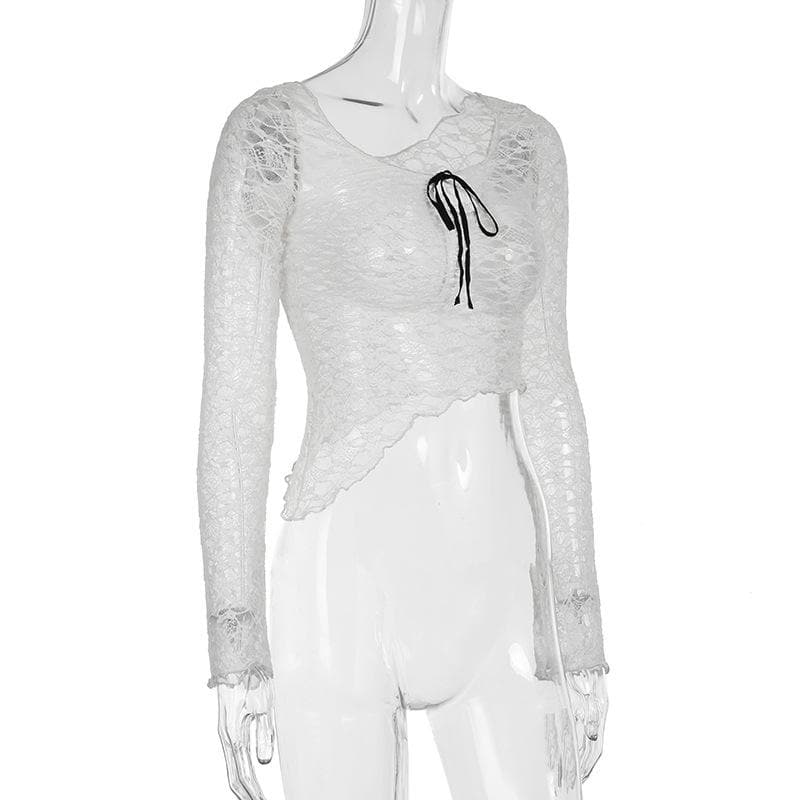 Romantic Lace Bow Front Asymmetrical Bell Sleeve Top - Fall's Must-Have Sheer Layer