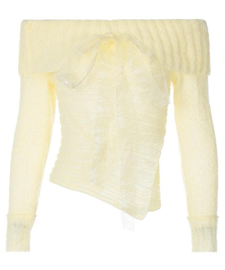 Chic Fall Off-Shoulder Ribbed Knit Top with Sheer Bow | Cozy Autumn Style for Women