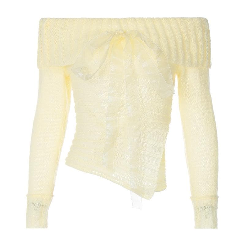 Chic Fall Off-Shoulder Ribbed Knit Top with Sheer Bow | Cozy Autumn Style for Women