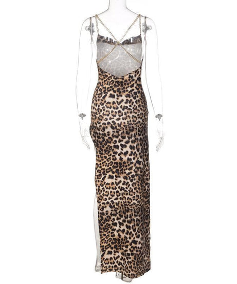 Unleash Your Inner Wild: Daring Leopard Print Cowl Neck Maxi Dress with Gold Chain Straps & High Slit - Fall & Holiday Glam