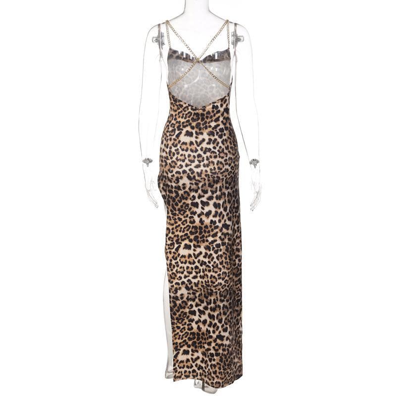 Unleash Your Inner Wild: Daring Leopard Print Cowl Neck Maxi Dress with Gold Chain Straps & High Slit - Fall & Holiday Glam