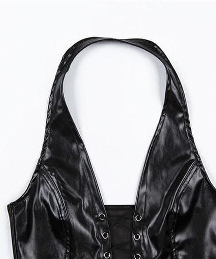 Fierce Black Faux Leather Halter Top - Lace-Up Corset Style for Fall, Halloween & Parties