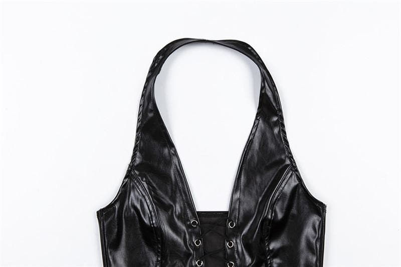 Fierce Black Faux Leather Halter Top - Lace-Up Corset Style for Fall, Halloween & Parties