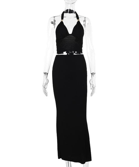 Effortless Elegance: Halter V-Neck Cut-Out Maxi Skirt Set - Your Go-To for Fall Evenings & Holiday Glam