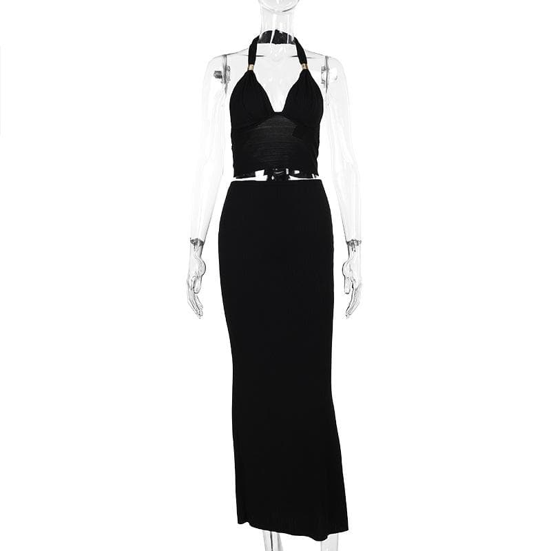 Effortless Elegance: Halter V-Neck Cut-Out Maxi Skirt Set - Your Go-To for Fall Evenings & Holiday Glam