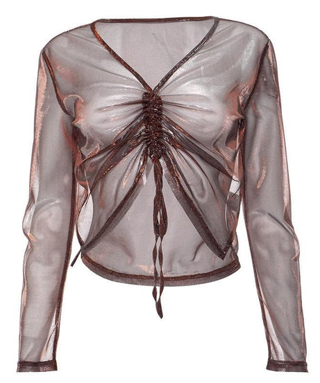 Fall Glam: Shimmer Mesh Ruched V-Neck Top - Long Sleeve Drawstring Party Ready