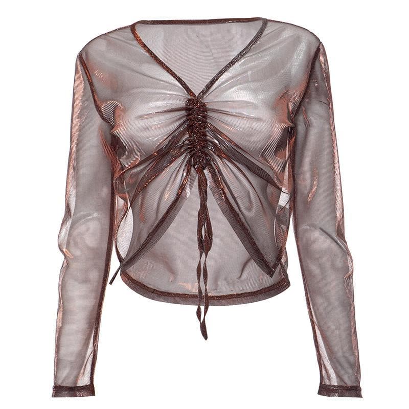Fall Glam: Shimmer Mesh Ruched V-Neck Top - Long Sleeve Drawstring Party Ready
