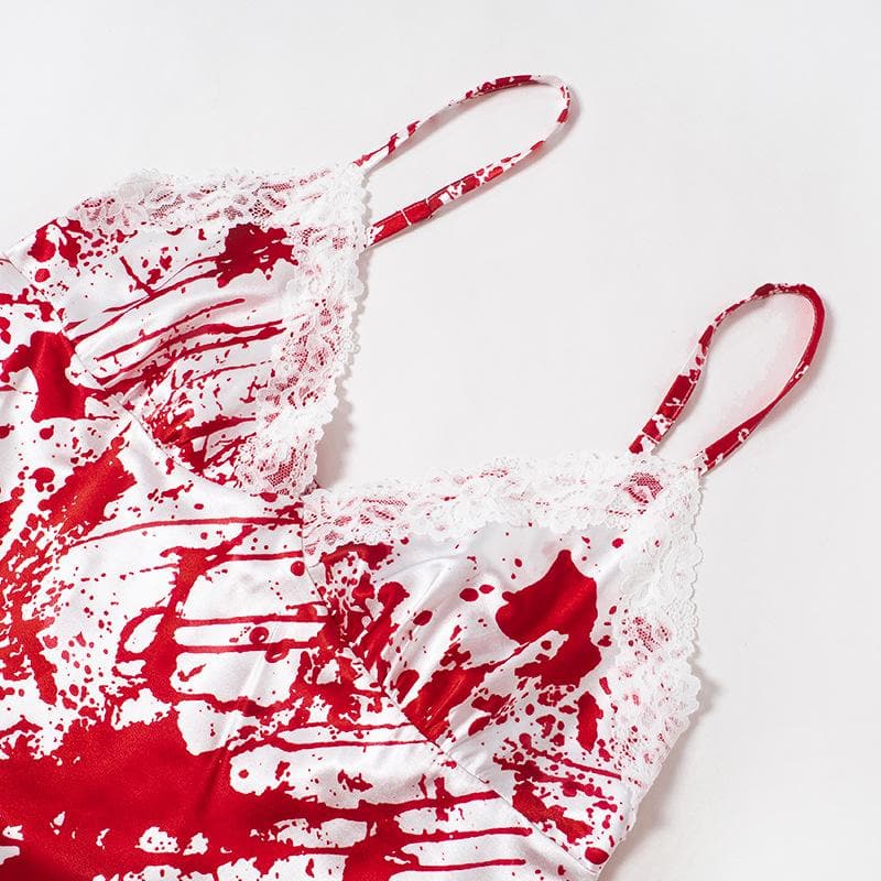 Killer Chic: Women's Blood Splatter Halloween Cami Dress with Lace Trim – Spooky Costume