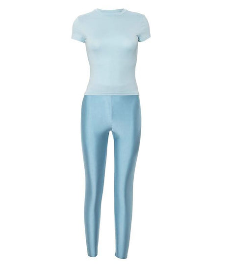 Effortless Fall Chic: Sky Blue Shimmer High-Rise Legging & Short Sleeve Top Athleisure Set