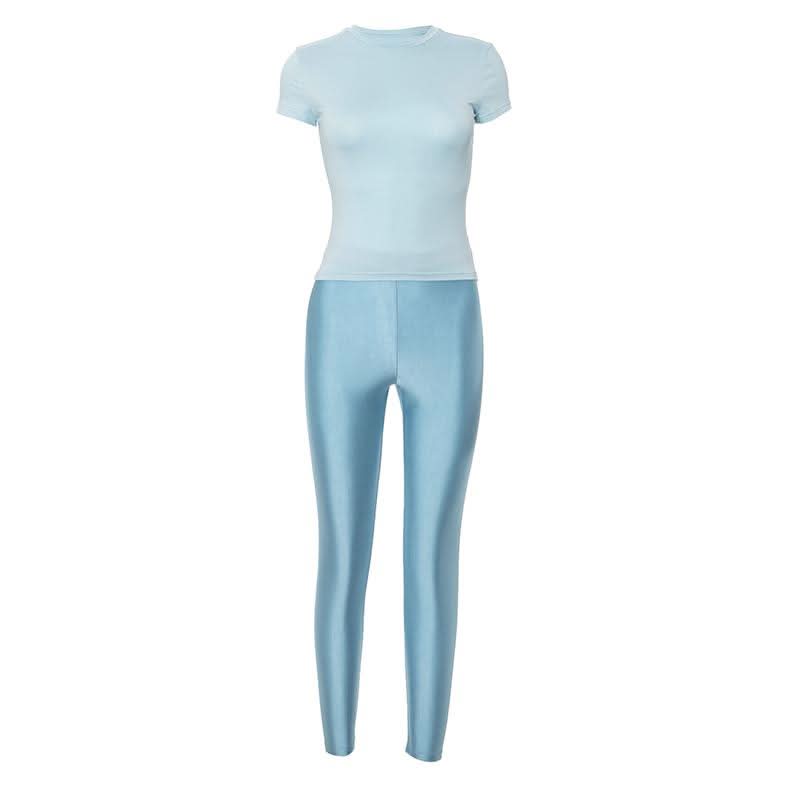 Effortless Fall Chic: Sky Blue Shimmer High-Rise Legging & Short Sleeve Top Athleisure Set