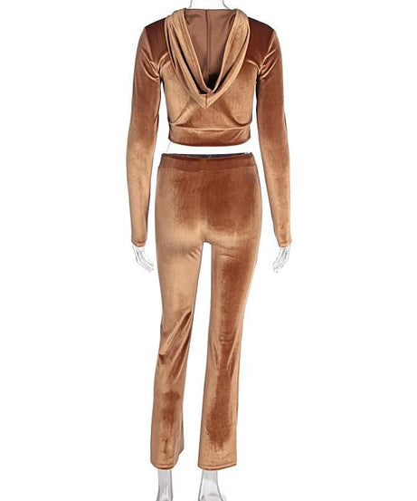 Luxe Fall Velvet Tracksuit Set for Women | Cropped Zip Hoodie & Straight Leg Pants