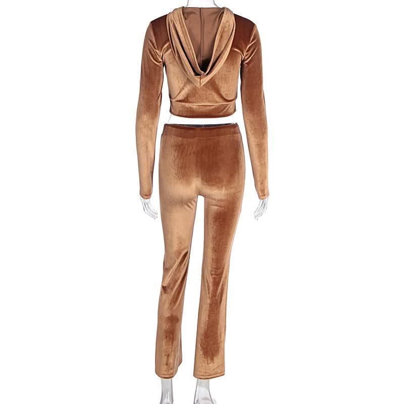 Luxe Fall Velvet Tracksuit Set for Women | Cropped Zip Hoodie & Straight Leg Pants