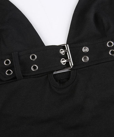 Fall Nights Out: Edgy Buckle & Grommet Plunge Halter Top - Y2K Fashion