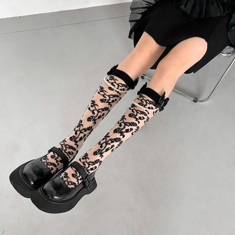 Whimsigoth Luxe Pearl Chain Sheer Knee-High Socks - Fall & Halloween Ready