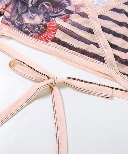 Unleash Your Inner Dragon: Y2K Tattoo Mesh Wrap Top & Flare Pants Set - Fall & Halloween Statement