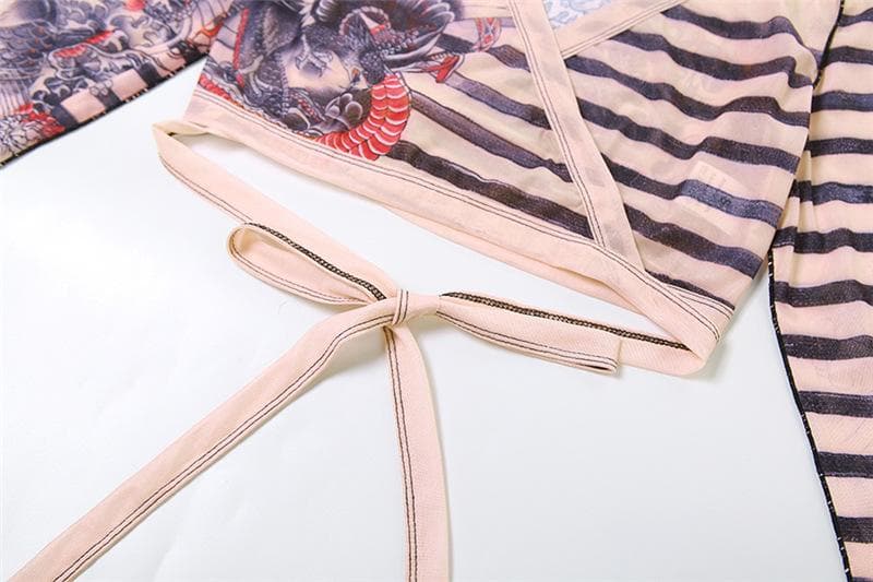 Unleash Your Inner Dragon: Y2K Tattoo Mesh Wrap Top & Flare Pants Set - Fall & Halloween Statement