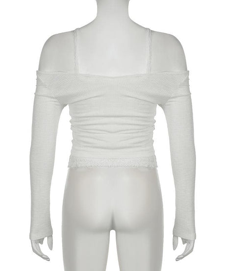 Effortless Fall Chic: Layered Off-Shoulder Ruched Top with Delicate Lace Trim