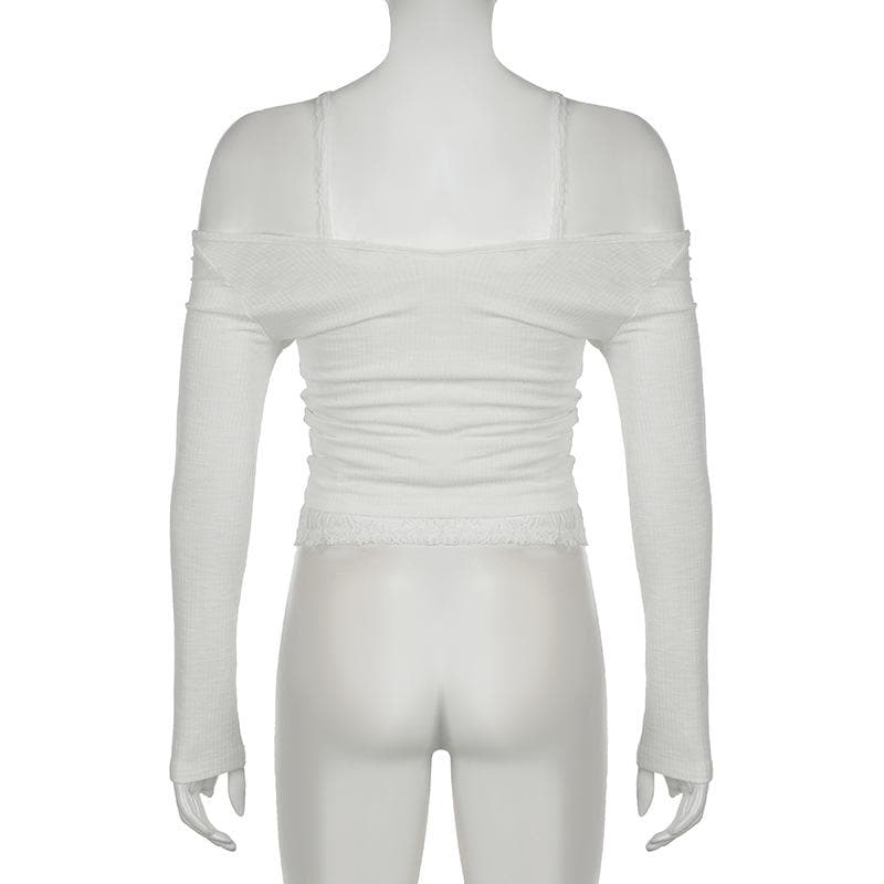 Effortless Fall Chic: Layered Off-Shoulder Ruched Top with Delicate Lace Trim