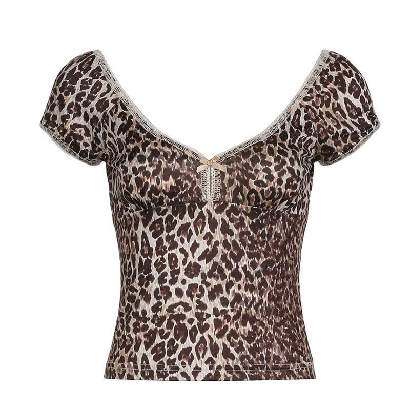 Spotted & Styled: Y2K Leopard Print Puff Sleeve Bowknot Top - Fall's Must-Have