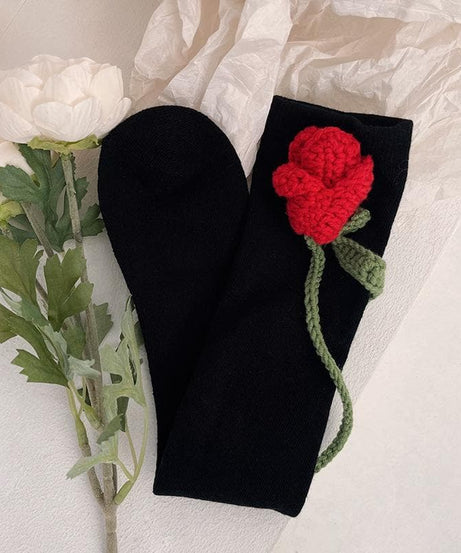 Charming Crochet Rose Black Knee-High Socks - Whimsical Fall & Holiday Style