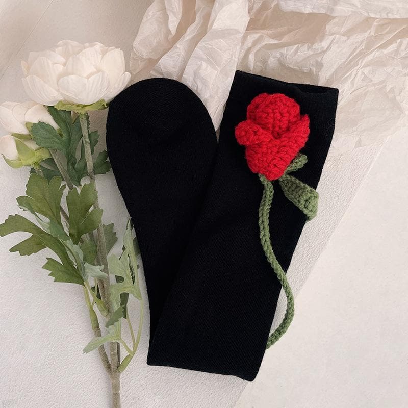 Charming Crochet Rose Black Knee-High Socks - Whimsical Fall & Holiday Style