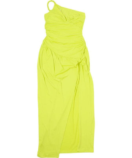 Radiant Neon Yellow One-Shoulder Ruched Maxi Dress with High Slit – The Ultimate Statement for Vacations & Special Events