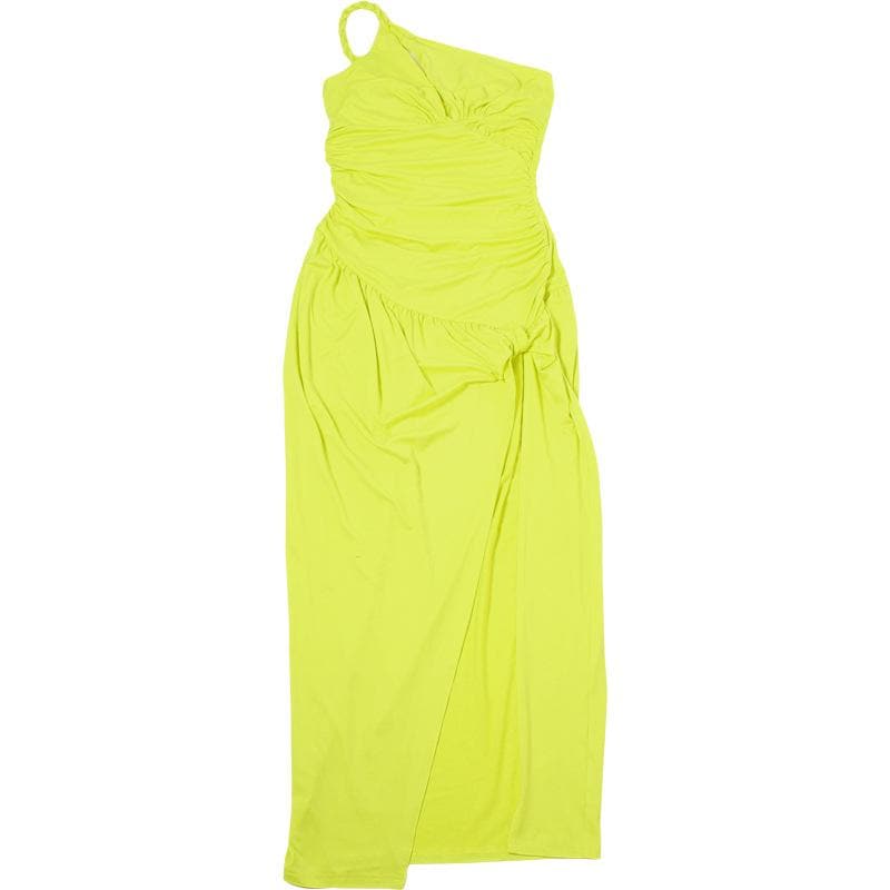 Radiant Neon Yellow One-Shoulder Ruched Maxi Dress with High Slit – The Ultimate Statement for Vacations & Special Events
