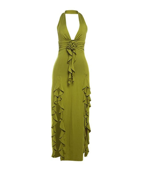 Enchanting Olive Green Halter Maxi Dress with Ruffled High Slits & Rose Applique - Your Fall Event Statement