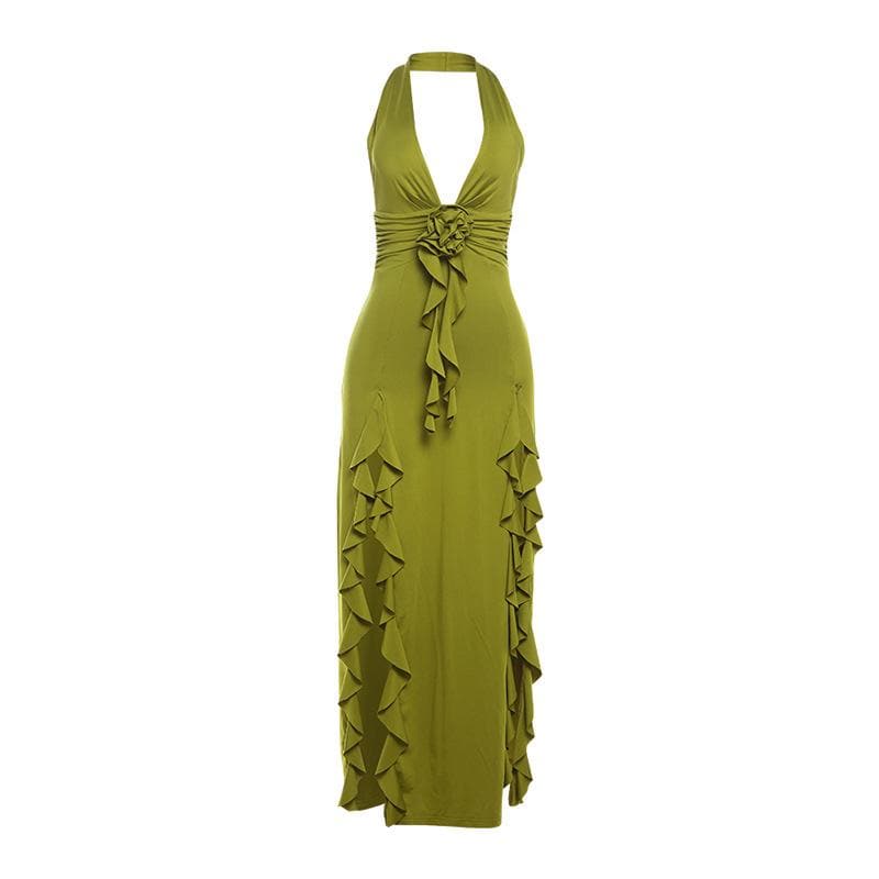 Enchanting Olive Green Halter Maxi Dress with Ruffled High Slits & Rose Applique - Your Fall Event Statement
