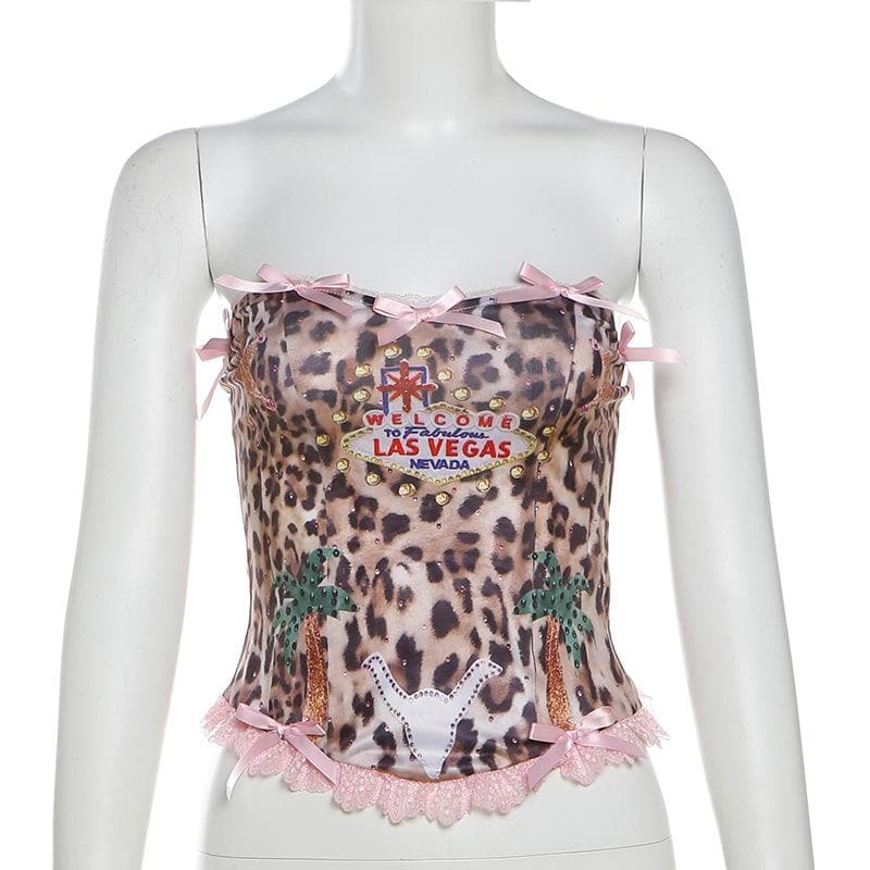 Vegas Vixen Pink Leopard Tube Top - Y2K Glam, Bows & Lace for Wild Fall Nights