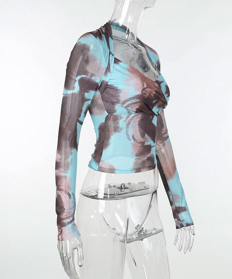 Autumn Edge Tie-Dye Mesh Wrap Top - Chic Long Sleeve Sheer Style