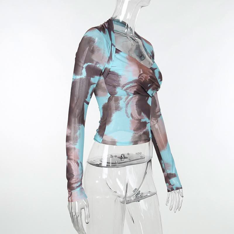 Autumn Edge Tie-Dye Mesh Wrap Top - Chic Long Sleeve Sheer Style