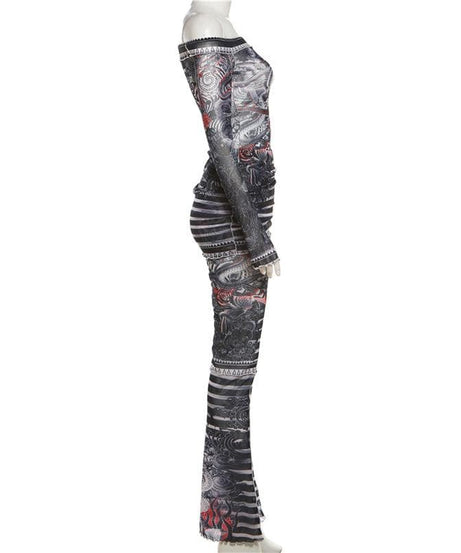 Y2K Edgy Dragon Tattoo Sheer Mesh Two-Piece Set - Off-Shoulder Top & Pants for Fall/Halloween