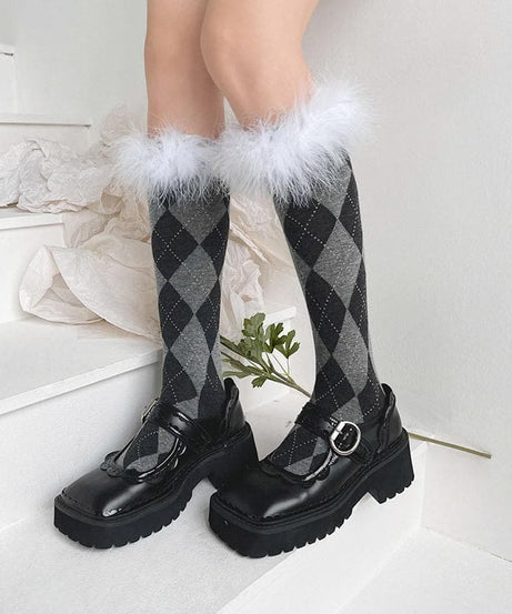 Cozy Chic Argyle Knee-High Socks with Faux Feather Trim | Fall & Holiday Style