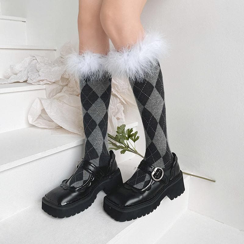 Cozy Chic Argyle Knee-High Socks with Faux Feather Trim | Fall & Holiday Style