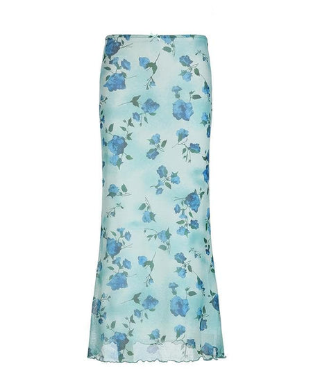 Effortless Blue Floral Mesh Maxi Skirt with Bowknot – Y2K Boho Chic for Fall & Holidays