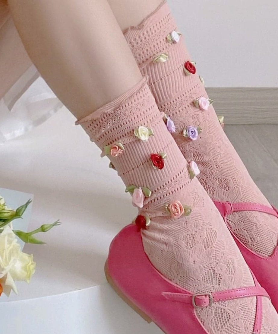 Cozy Chic Pink Floral Lace Socks | Vintage Rose Applique Ankle Socks for Fall