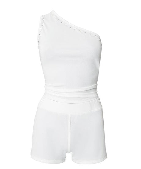 Chic White One-Shoulder Studded Romper Playsuit | Resort & New Year's Eve Ready