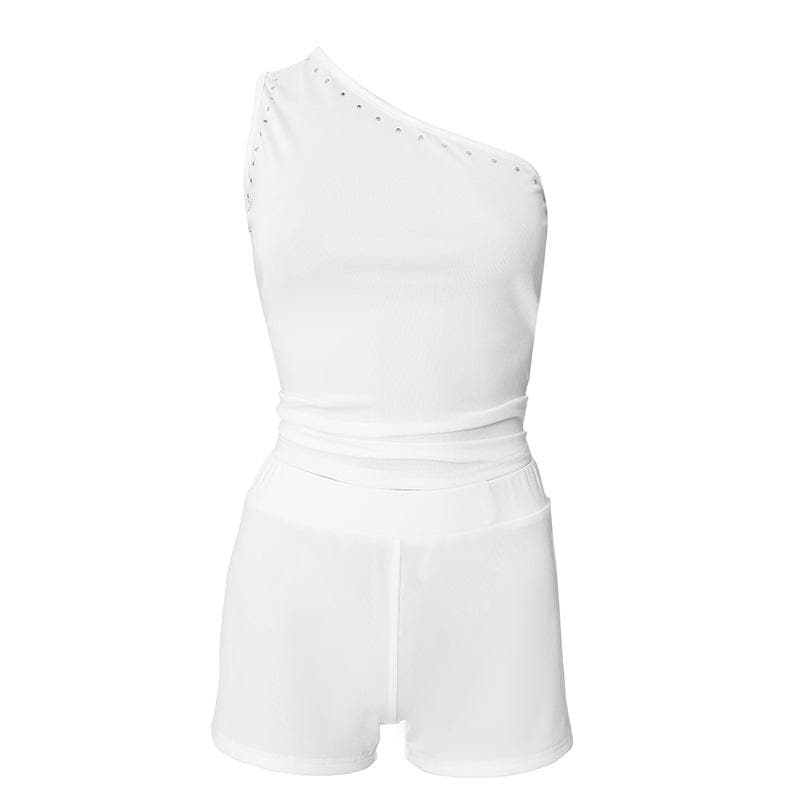 Chic White One-Shoulder Studded Romper Playsuit | Resort & New Year's Eve Ready