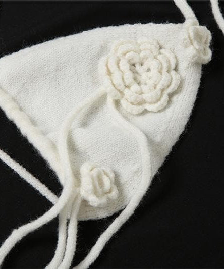 Boho Bloom Knit Halter Crop Top & Maxi Skirt Set - Cream Floral Two-Piece for Fall & Winter Getaways