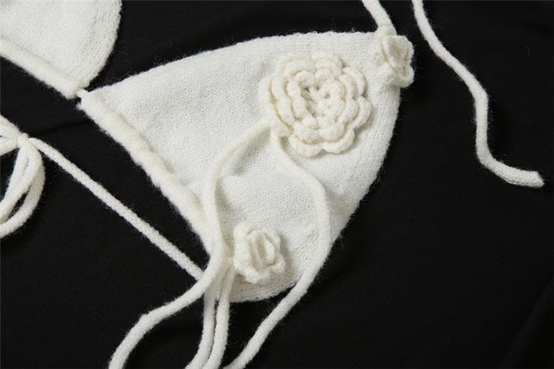 Boho Bloom Knit Halter Crop Top & Maxi Skirt Set - Cream Floral Two-Piece for Fall & Winter Getaways