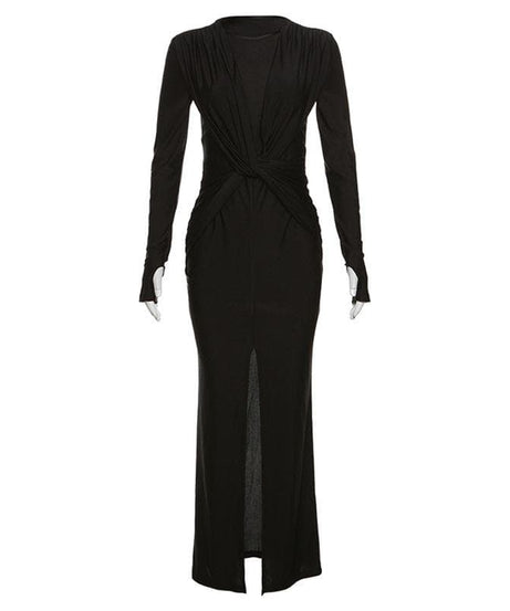 Autumn Allure: Chic Ruched Knotted Maxi Dress with Slit – Long Sleeve Fall Elegance